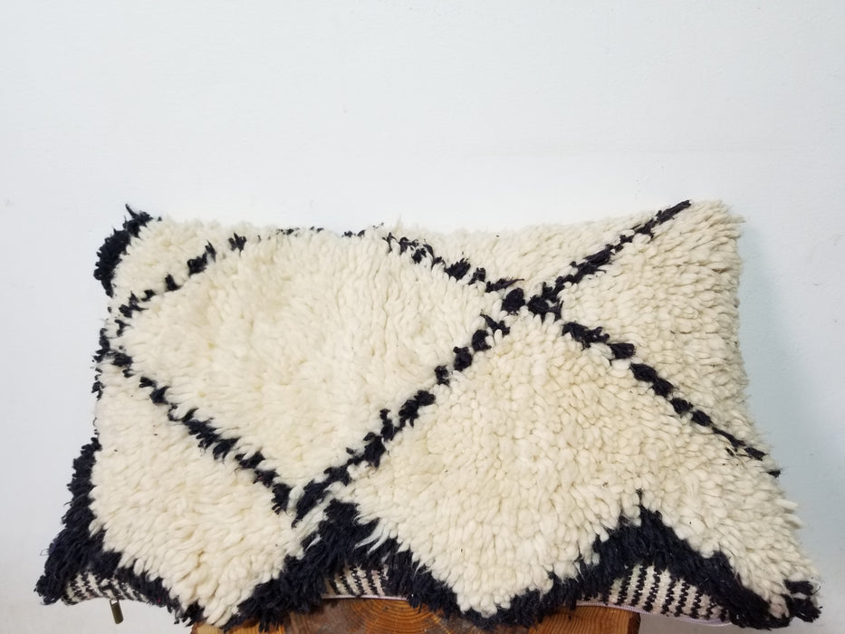 White and Black Moroccan Wool Pillow, Vintage Berber Pillow