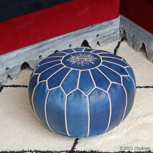 Blue Moroccan leather pouf