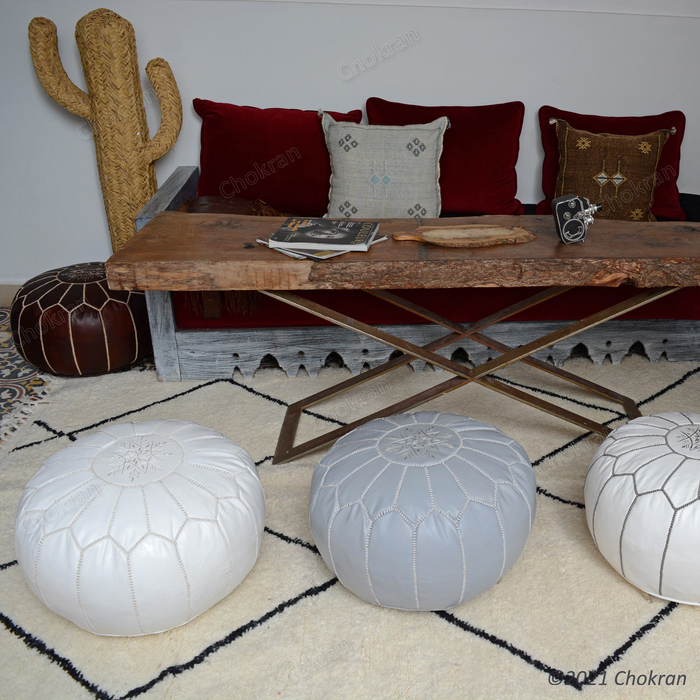 White and grey Moroccan leather pouf