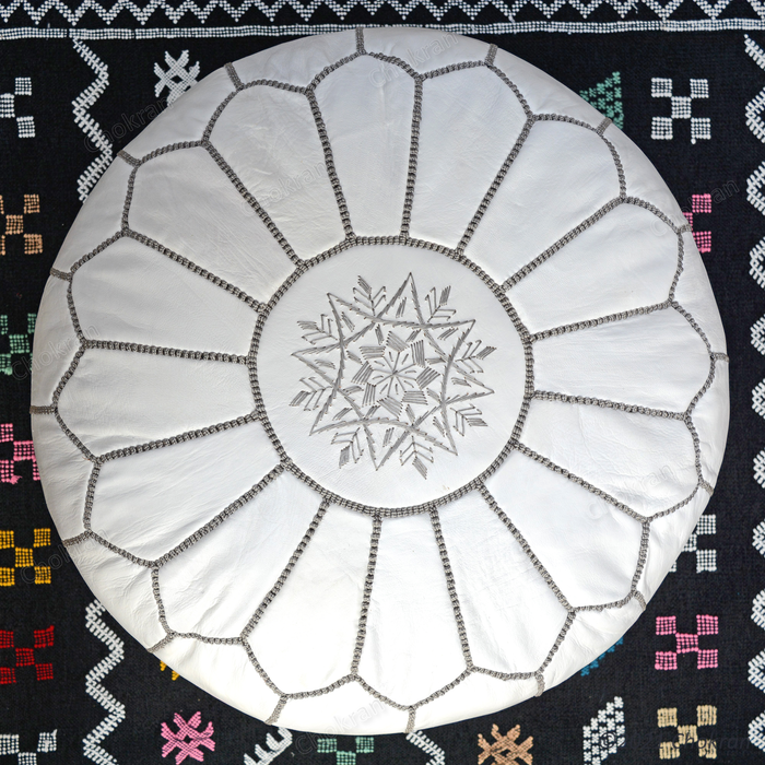 White and grey Moroccan leather pouf