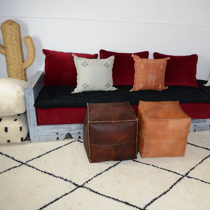 Small Square Moroccan leather pouf