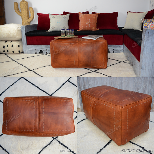 Square Moroccan leather pouf
